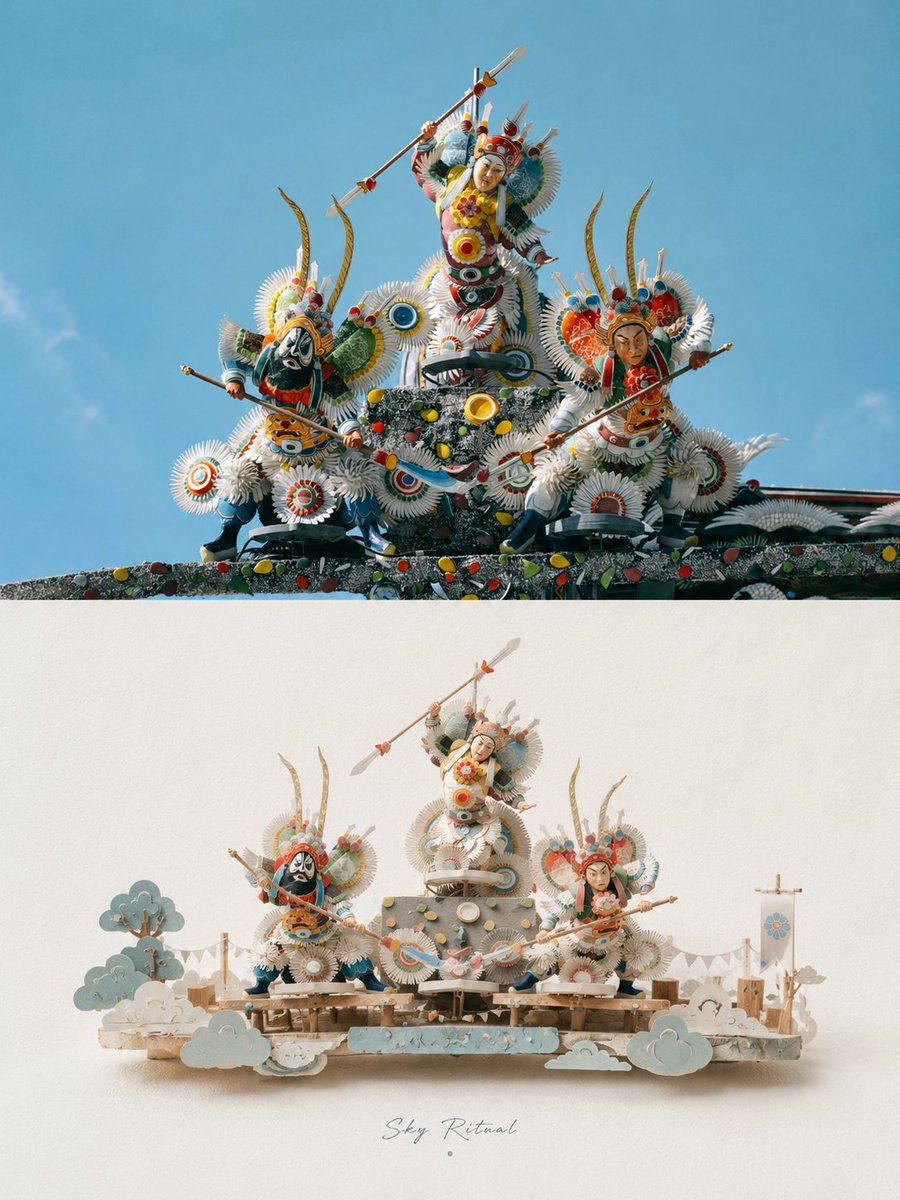A single photo sits on top of a premium two-part poster, with a tactile paper-craft diorama of its main subject below. Pale powder blues and ivory keep the…