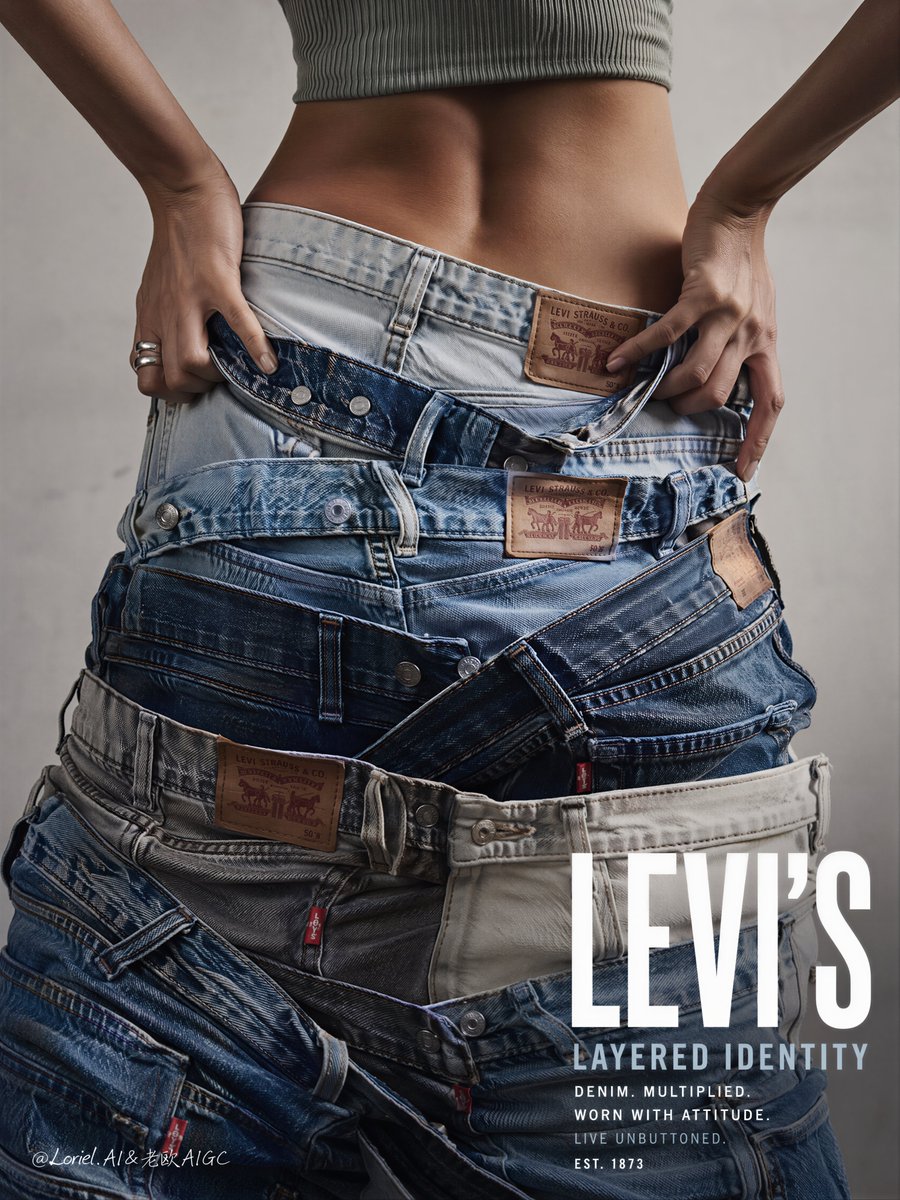 A tightly cropped fashion poster where several real jeans are layered and unbuttoned around a model's hips, forming a sculptural tower of denim. The washes run…
