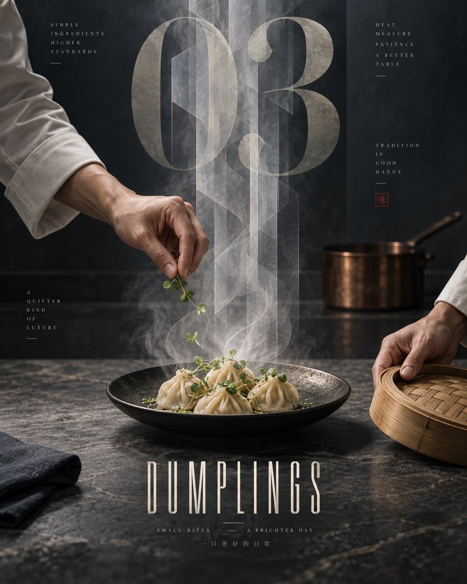 Steamed Dumplings Architectural Food Poster Design — AI result, variation 3 of 3