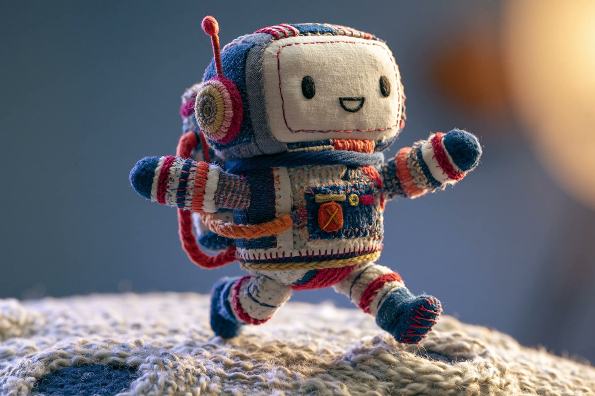 A handmade-looking scene of a soft fabric figure built from felt patches, yarn and visible stitching, sitting on a matching felt piece. The textures feel…
