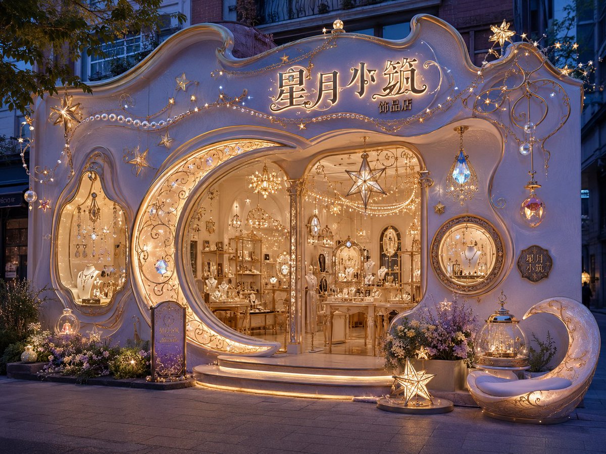 A dusk street view of a shop whose arches, eaves and signboard grow out of its own product, with a glowing display window and warm wood, stone and plaster…
