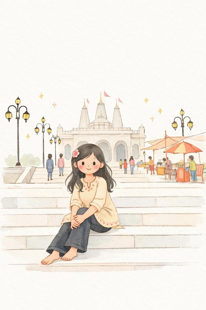 Your photo comes back as a soft, pencil-lined children's book page: a doll-like figure with rosy cheeks and tiny features, flat pastel fills, and a clean white…