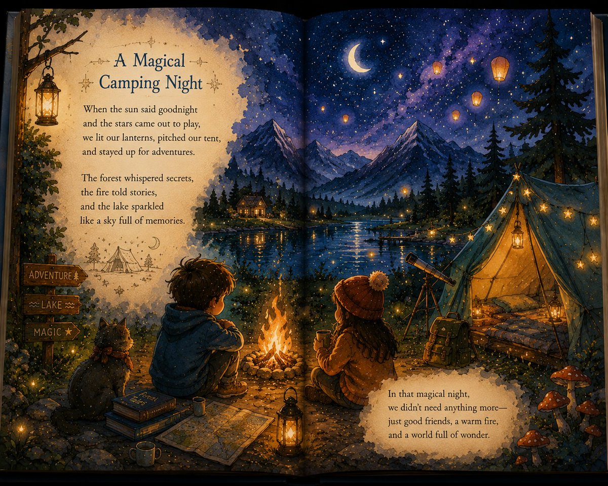 A cozy nighttime camp beside a glowing lake, with pine forests, snowy peaks and floating lanterns under a star-filled sky. Soft watercolor washes and fine ink…