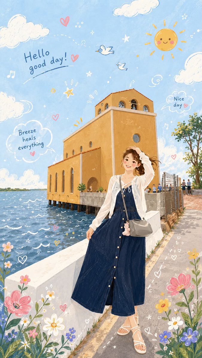 A photo of a person is redrawn as a rounded, hand-drawn storybook scene with rosy cheeks and pastel tones, keeping the original pose and framing. Birds…