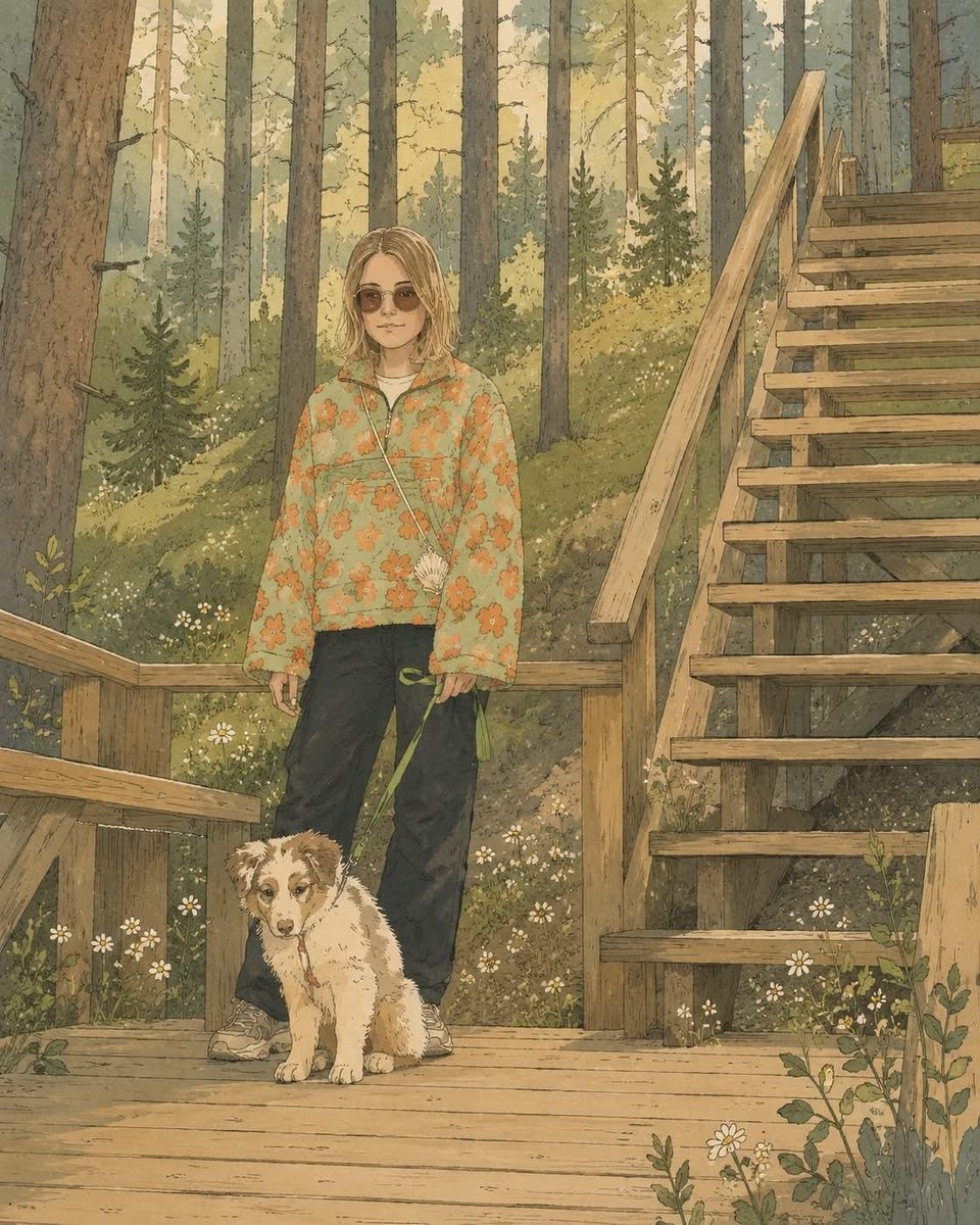Storybook Woman With Puppy in Forest Illustration — AI result, variation 2 of 2