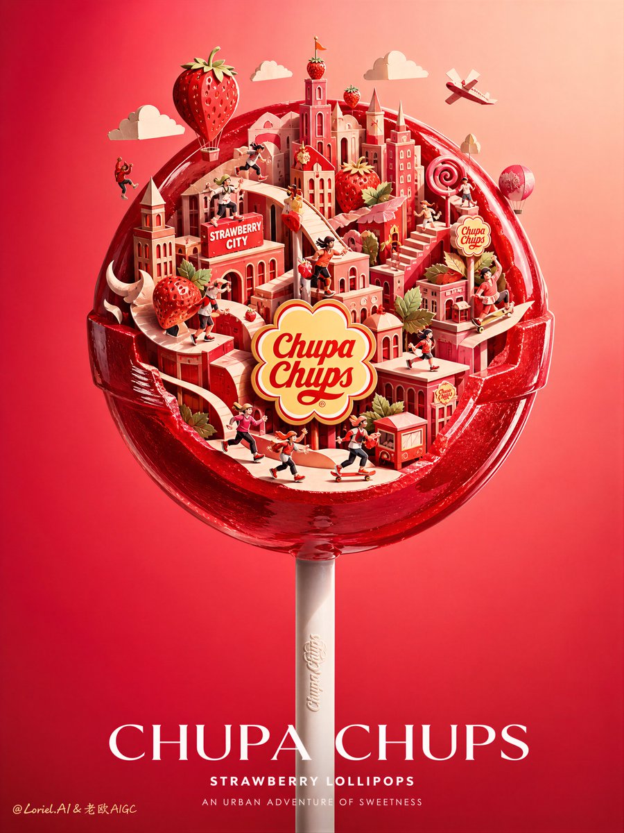 A glossy Chupa Chups strawberry lollipop stays dead center while its candy head opens into a layered paper-cut city, with tiny figures moving through streets…