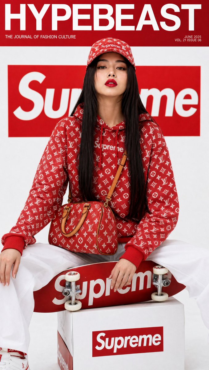 A studio portrait styled as a glossy streetwear magazine cover, with a monogram hoodie, red accents and a bold masthead across the top. The red and white…