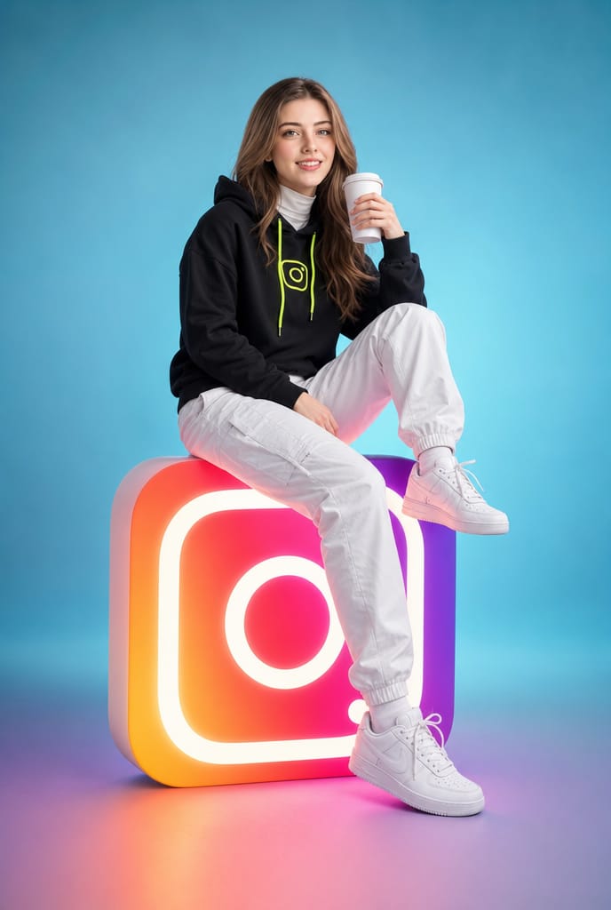 A full-length studio shot of a young woman perched on a backlit gradient social icon, sipping from a paper cup in streetwear. The glow throws warm color up…