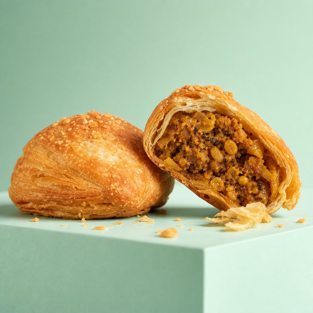 A single golden kachori sits on a geometric platform against soft mint green, one cut open to show its spiced filling. Crumbs are scattered naturally around…