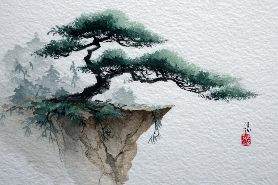 Sumi-e Ink Wash Painting With Watercolor Tints — AI result, variation 3 of 4
