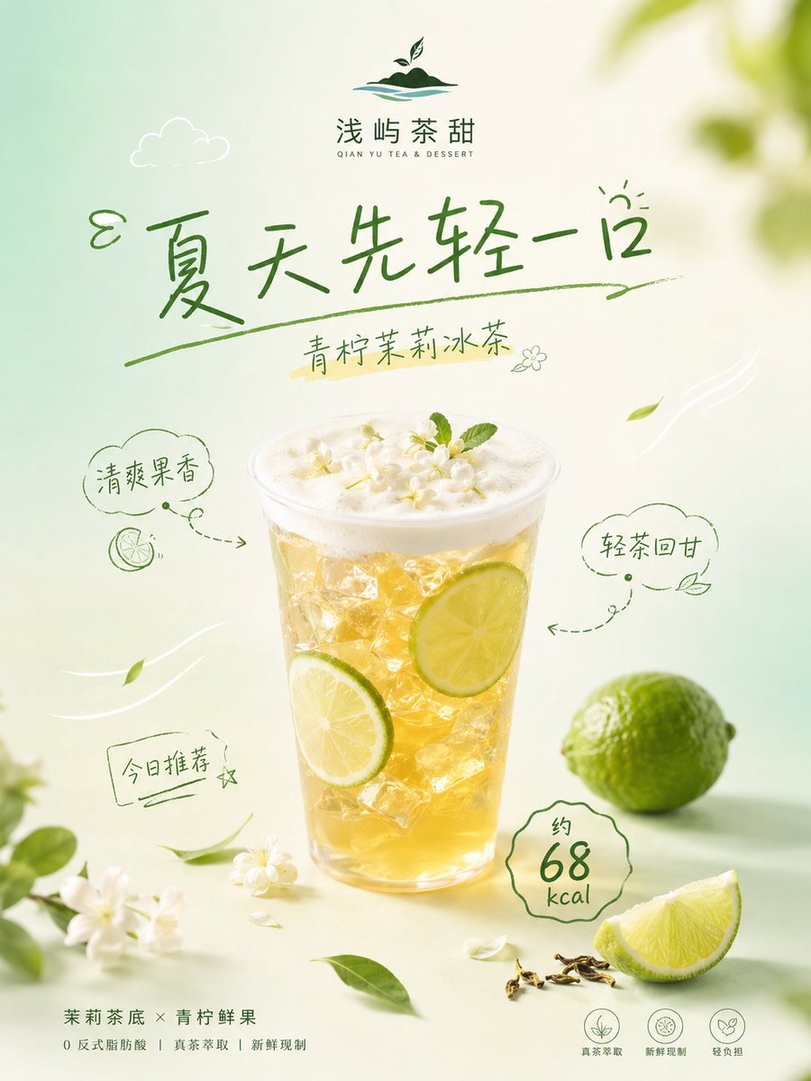 A vertical summer product poster built around a semi-realistic drink or dessert hero, with a handwritten-style title, thin hand-drawn notes and plenty of airy…