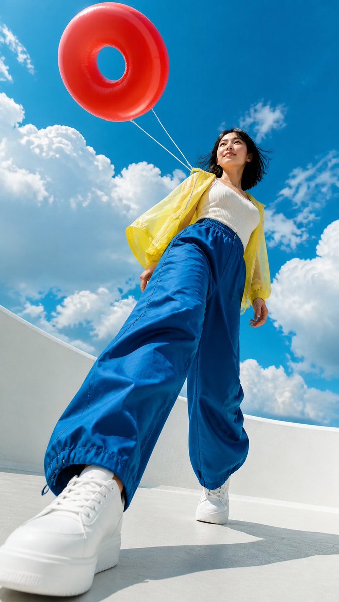 A vertical summer portrait shot from the ground up, with a bright cyan sky filling most of the frame and a model set against clean white architecture. The wide…