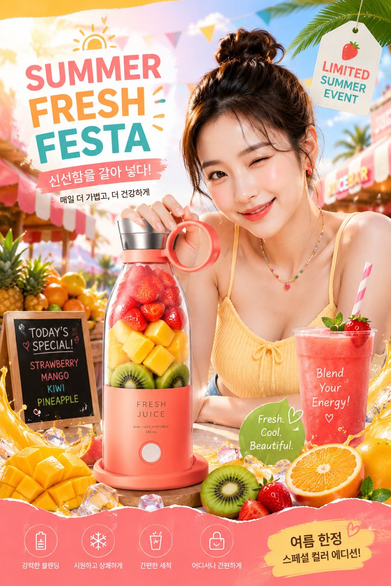 A bright summer campaign shot where a portable blender sits at the center of a beach juice bar, fruit and ice caught mid-air and a smiling model beside it.…