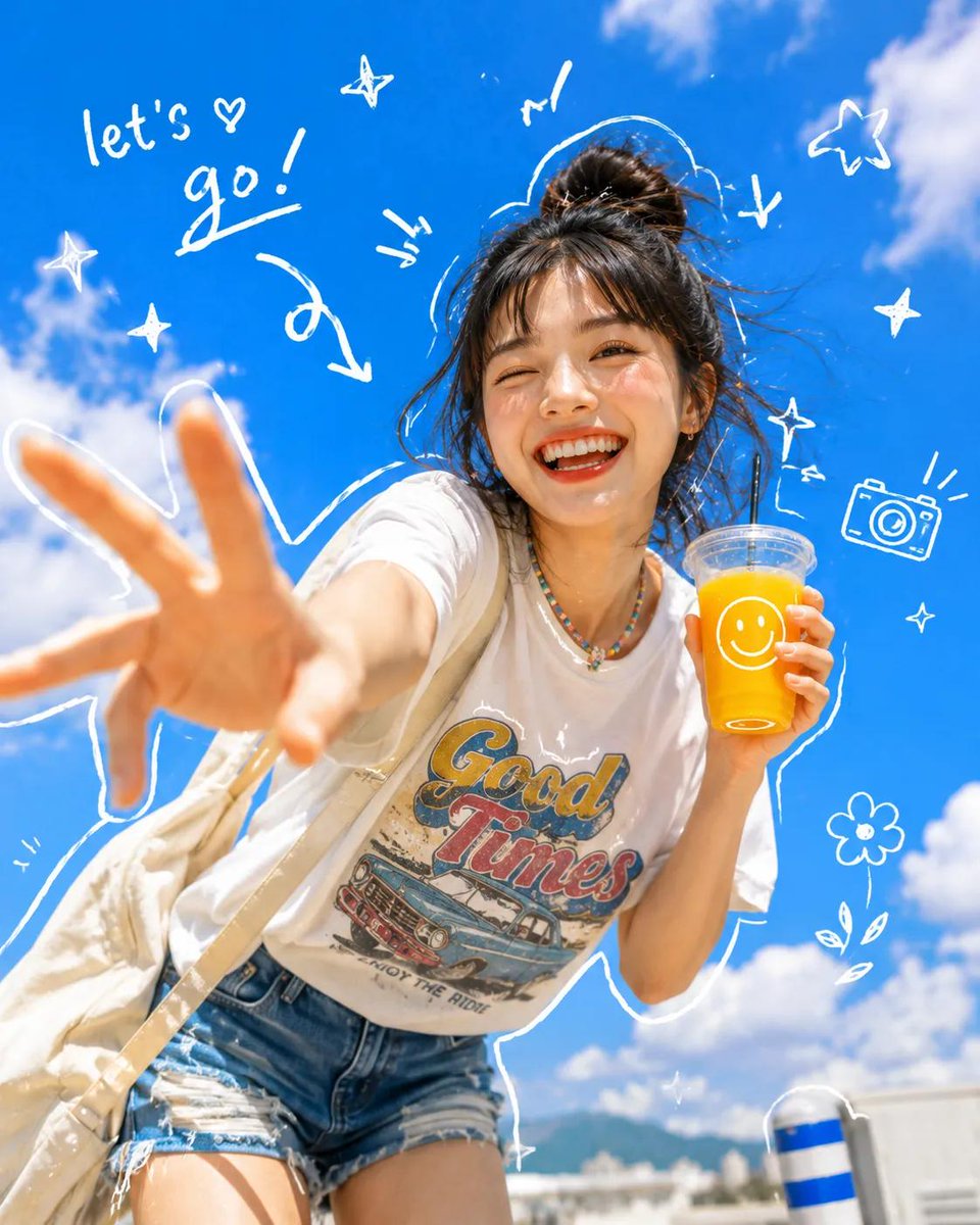 Summer Girl Portrait With Doodle Overlay — AI result, variation 2 of 3
