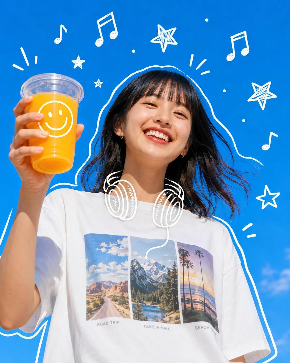 A bright outdoor photo of a smiling girl with a milkshake, framed by hand-drawn white stars, hearts and handwritten notes over a vivid blue sky. It reads like…
