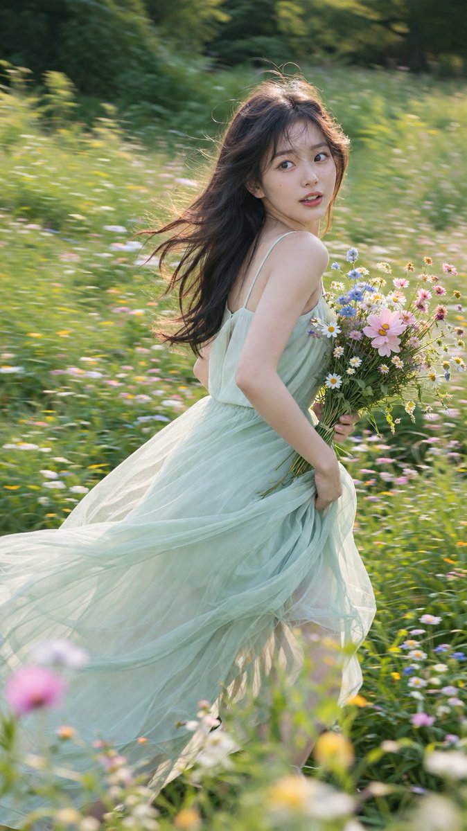 A vertical outdoor portrait of a young woman caught mid-stride through a wildflower field, her light dress and hair lifted by the wind. Sharp face, soft motion…