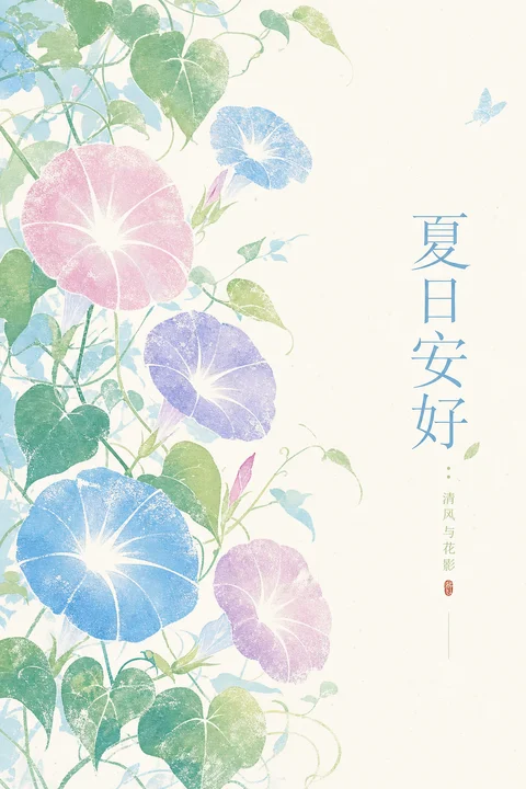 Morning glories and climbing vines spread across a pale, translucent field in a bright floral print style. Soft white starbursts open inside the petal shapes…