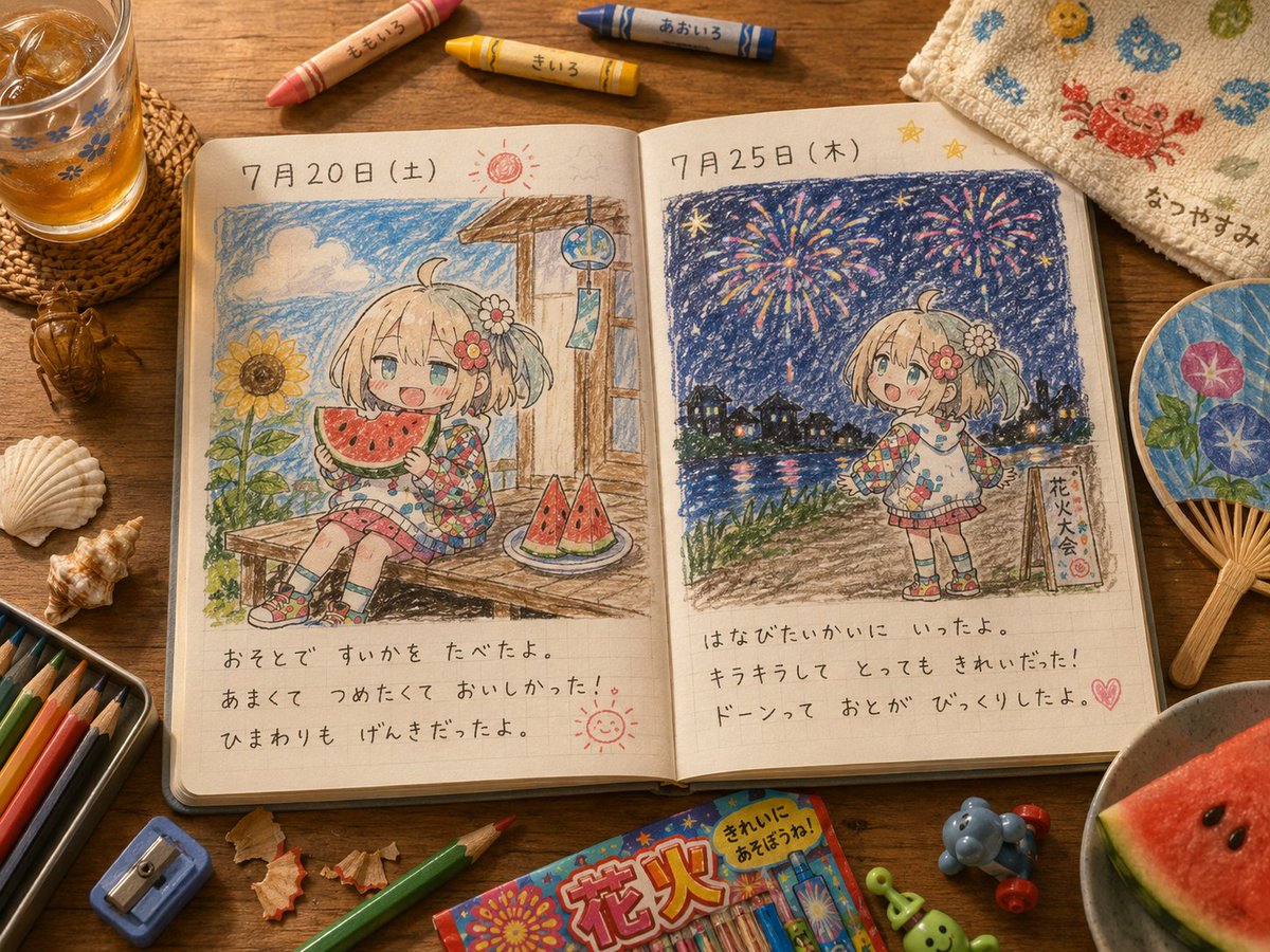 A notebook lies open on a sunny wooden desk, two days of wobbly crayon drawings above handwritten Japanese diary lines. The clumsy, endearing child's hand is…