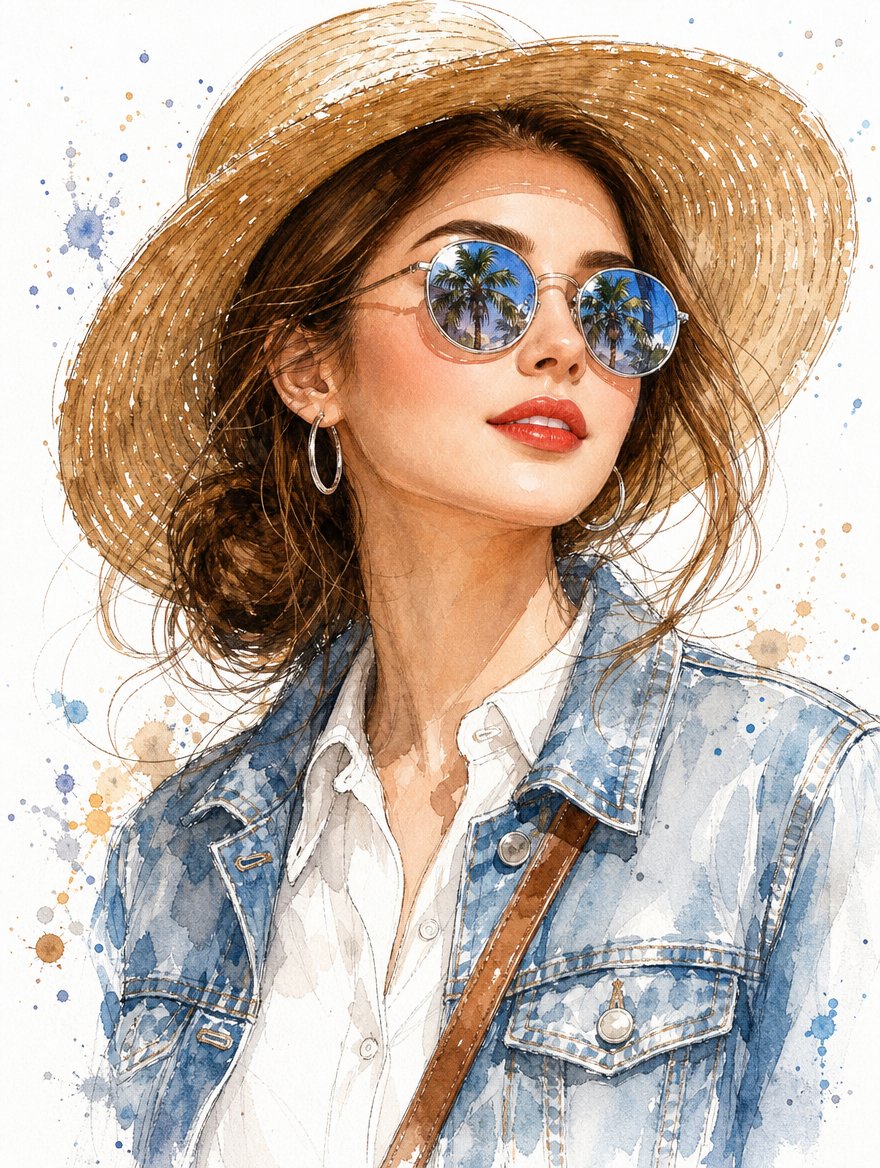 A chest-up fashion portrait painted in loose watercolor and pen-and-ink, with a straw hat and round sunglasses that mirror a bright tropical sky. The white…