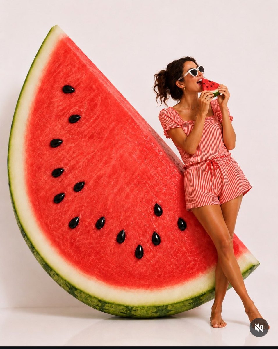 A barefoot young woman in a gingham set leans against a towering watermelon slice on a clean white backdrop, taking a playful bite. The result reads like a…