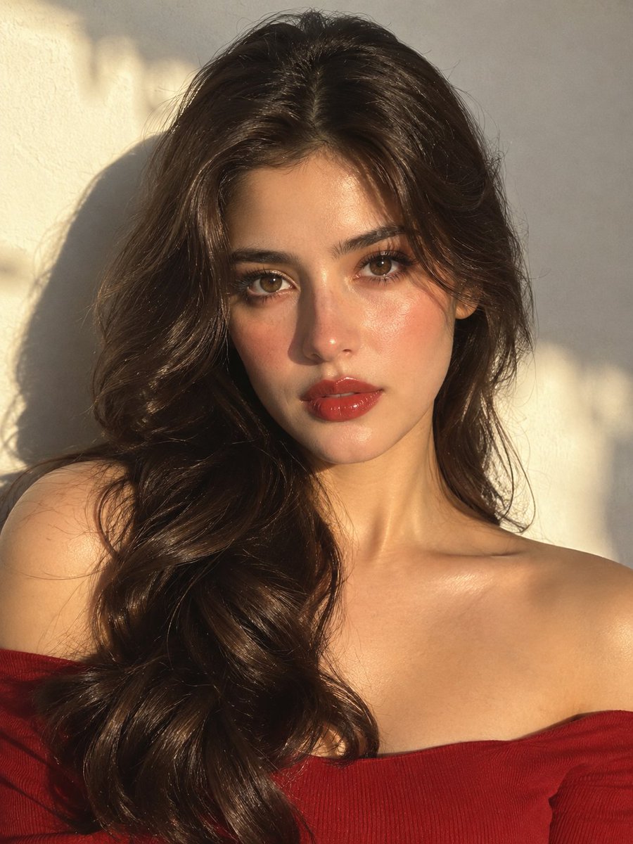 A close, warm portrait of a woman with freckled, sun-warmed skin and glossy red-brick lips, set against a soft stucco wall with dappled light. It reads like a…