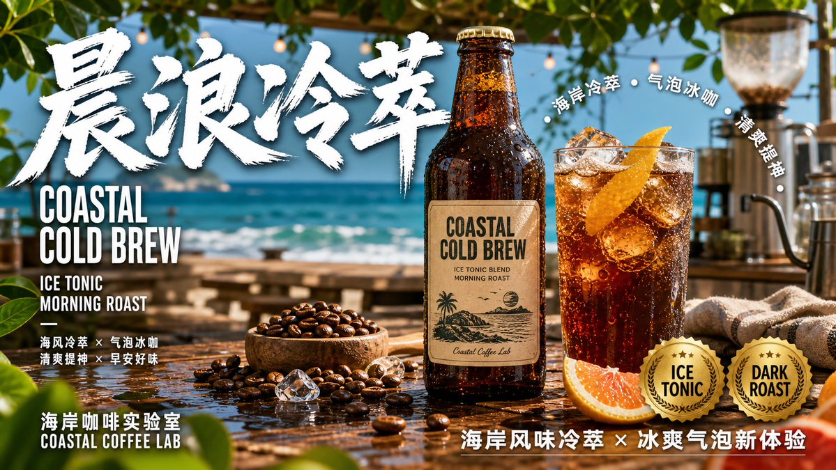 Sunlit Coastal Product Ad With Gold Seal Badges — AI result, variation 2 of 4