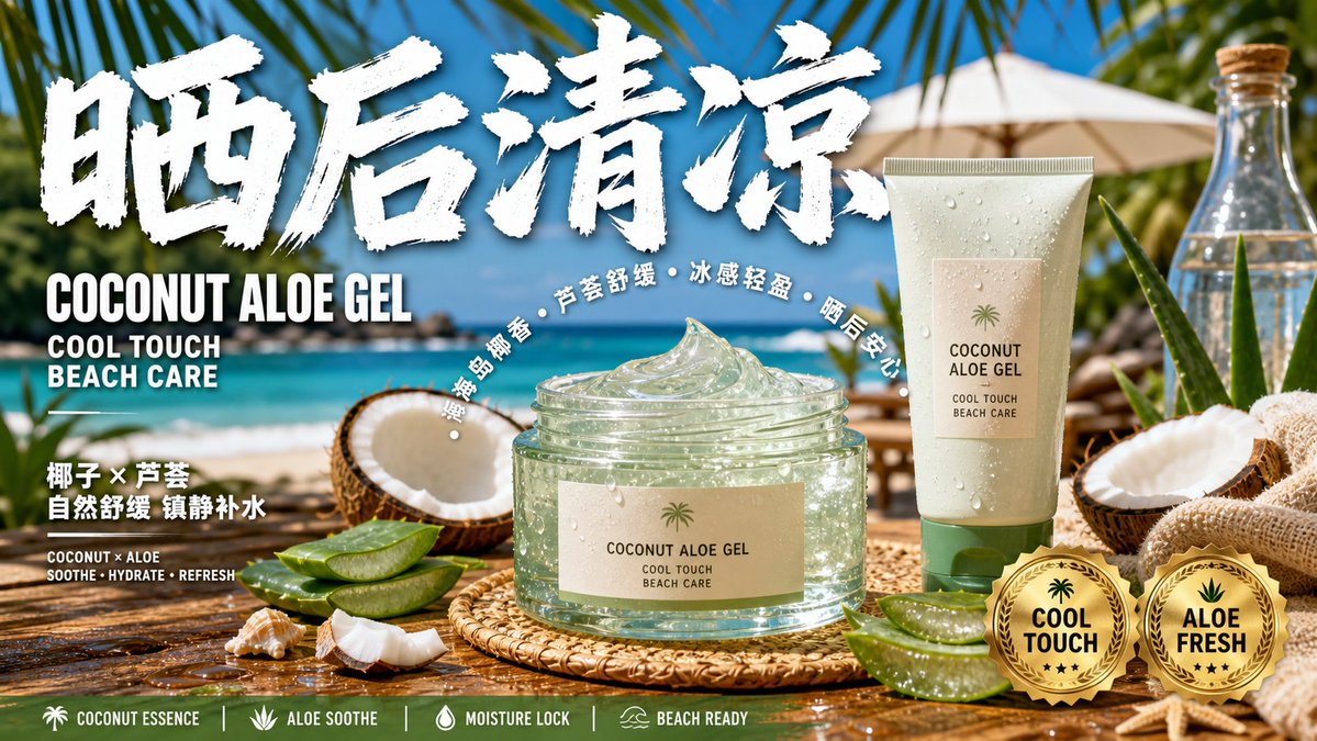 Sunlit Coastal Product Ad With Gold Seal Badges — AI result, variation 4 of 4