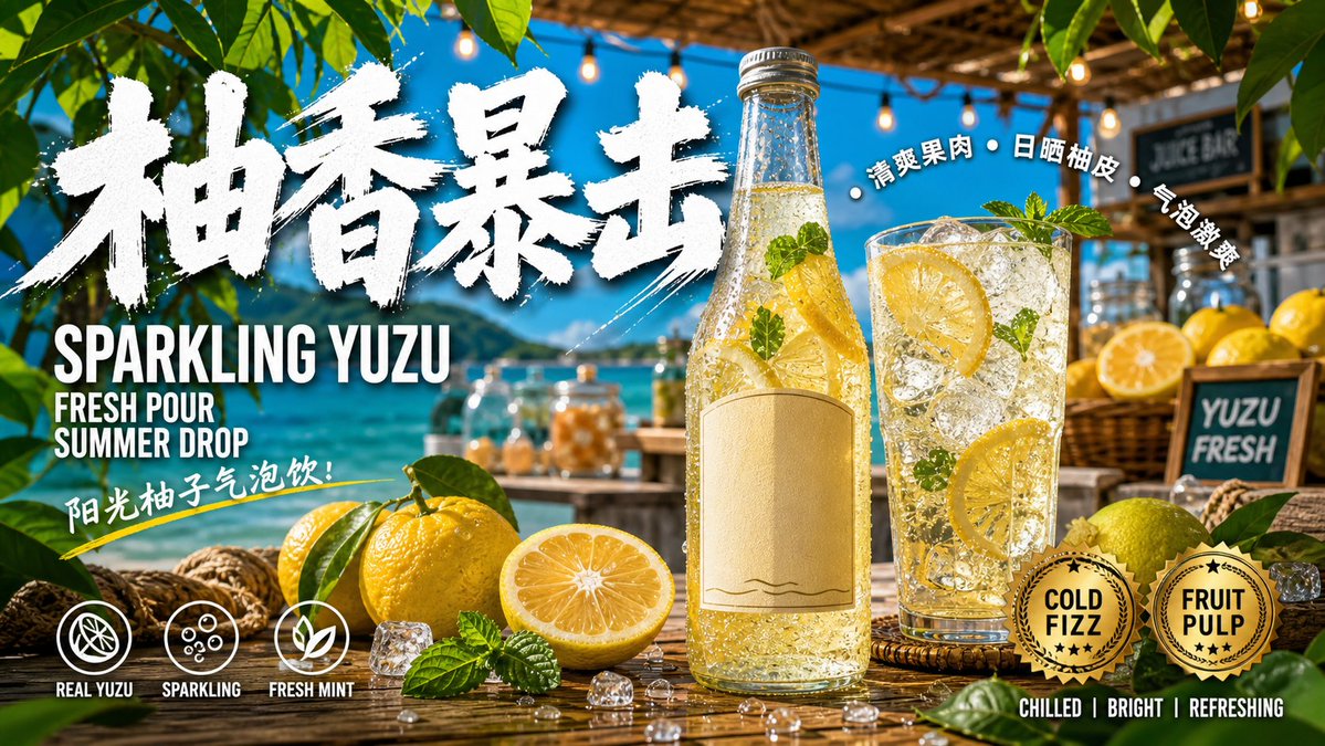 A photoreal product ad on a sunlit tabletop framed by tropical leaves and blue ocean depth. Distressed white brush headlines, small label blocks, and shiny…