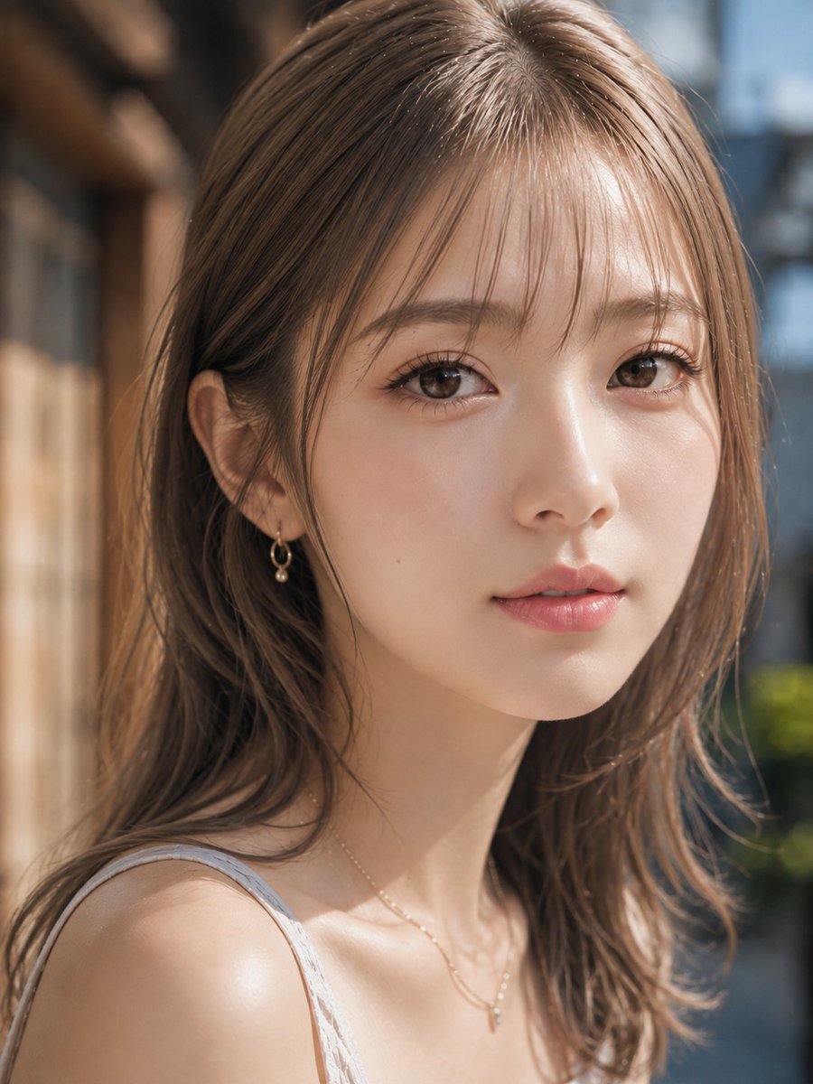 A close, warm portrait of a young woman turning over her shoulder into golden afternoon light filtered through leaves. Light catches her fringe, cheekbone and…