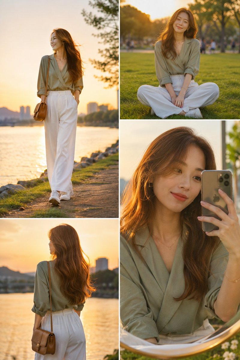 A four-panel fashion grid of one woman in a sage wrap blouse and white wide-leg trousers, moving from a riverbank walk to a close mirror selfie. Warm backlight…
