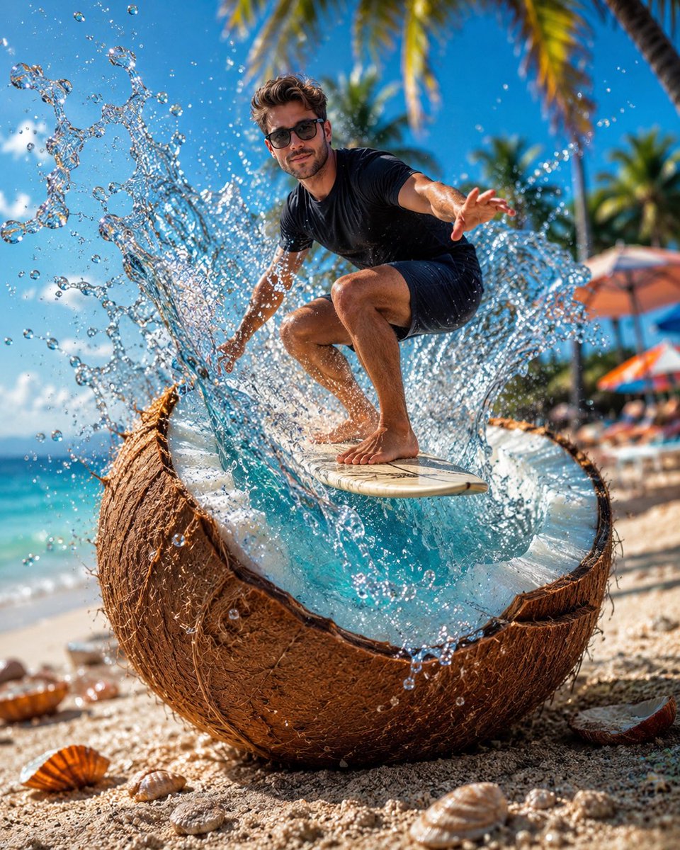 A stylish man crouches on a miniature surfboard, riding a frozen burst of clear water that erupts from a cracked-open coconut on a sunny beach. Droplets hang…