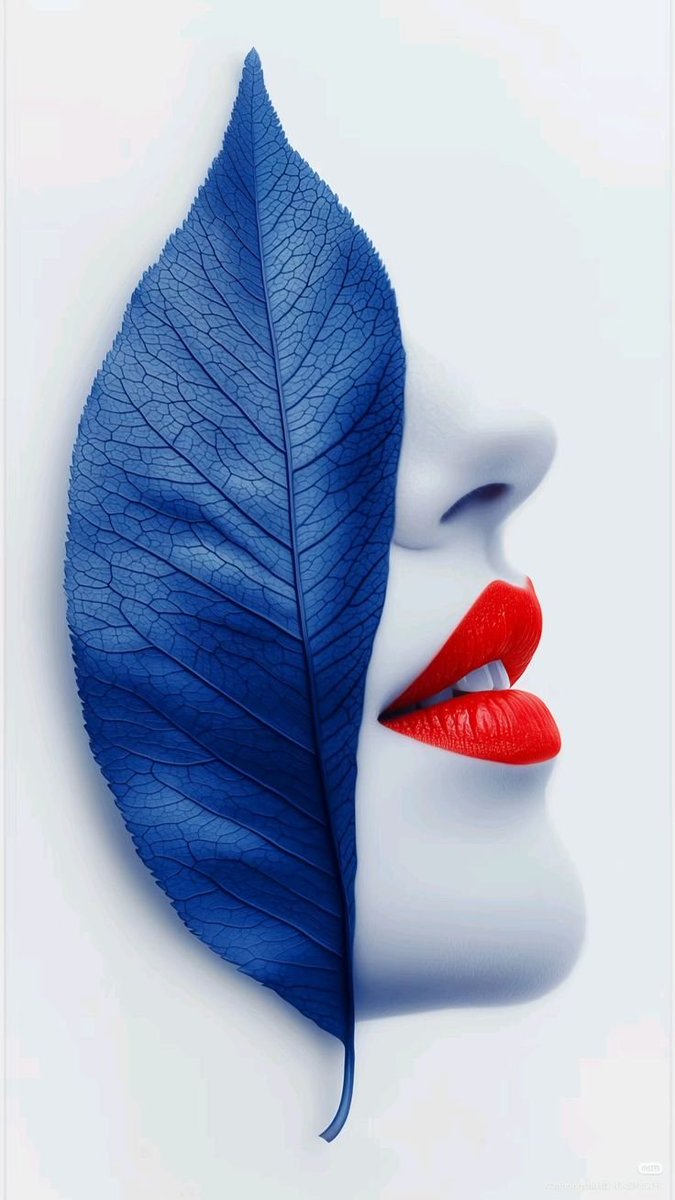 A porcelain-white side profile where a large deep blue leaf, veined in fine detail, grows across the cheek and eye. Vivid red lips sit against the cool leaf on…