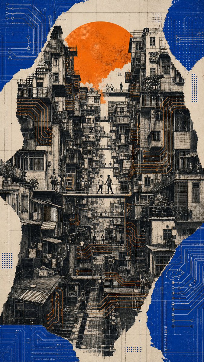 A city photo is rebuilt as an editorial art poster, with landmark buildings fused into an impossible transformation. Riso misregistration, halftone grain and…