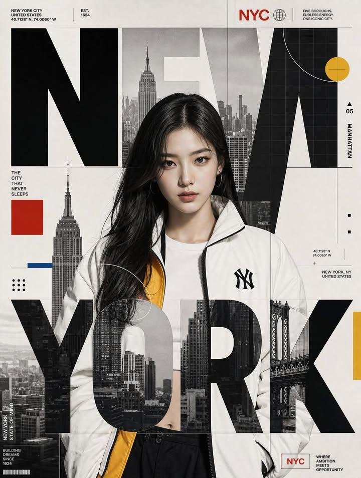 A waist-up portrait sits inside oversized geometric letters spelling NEW YORK, with skyline fragments showing through the forms. The grid, negative space and…