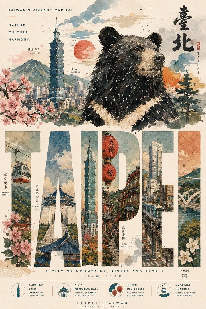 A vertical watercolor travel poster where the word TAIPEI is spelled out letter by letter, each letter holding a different scene from the city. Taipei 101, a…
