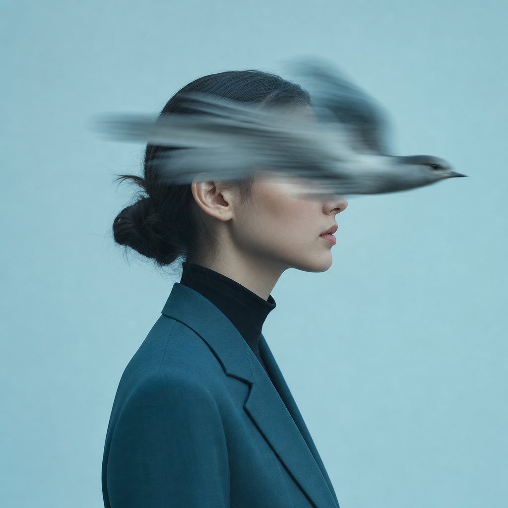 Teal Editorial Model With Upward Gaze and Typography — AI result, variation 2 of 2