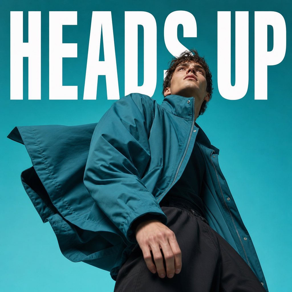 A male model in an oversized teal jacket looks up from an extreme low angle, with the fabric caught in the wind against a saturated teal backdrop. The bold…