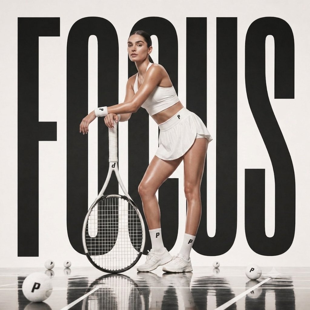 A high-fashion sports portrait in a clean white studio, with an athlete in all-white posing beside a towering racket and giant black type across the backdrop.…