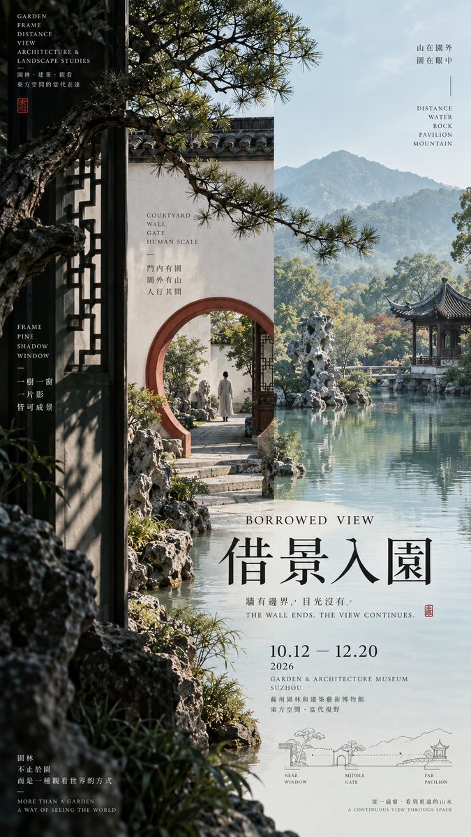 Three-Column Oriental Exhibition Poster Layout — AI result, variation 4 of 4