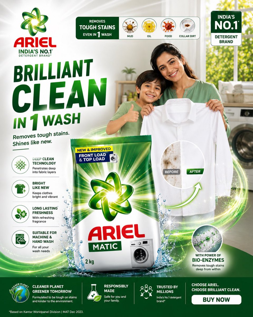 A vertical poster built around a hero detergent pack, a laundry room flooded with morning light, and a bold orange and yellow headline about stain removal. The…