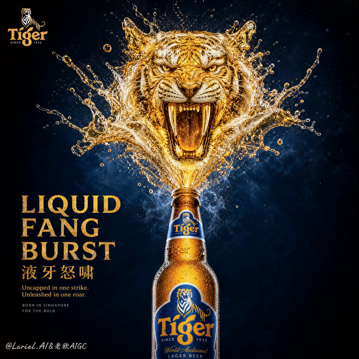 A front-facing Tiger Beer bottle sits at the lower center while a violent amber splash rises from its mouth and freezes into a roaring tiger head. Cold rim…