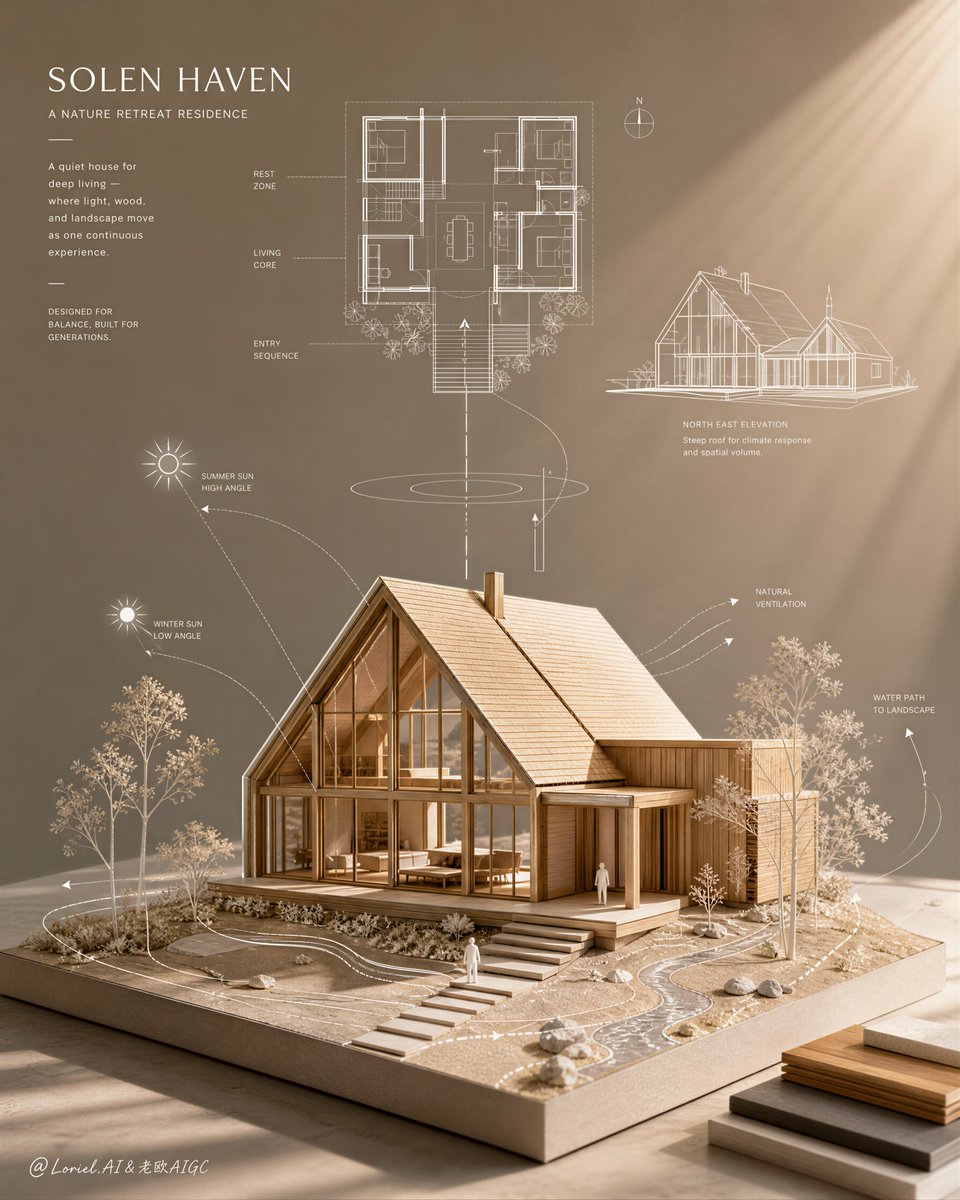 A warm timber model of a boutique retreat house sits beneath floating white floor plans and sunlight arrows. The drawings seem to descend and take physical…
