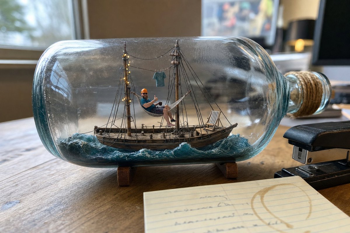 A phone-style photo of a three-inch-tall version of a real person settled into an everyday container, with a tiny mug, folding chair, and laundry on a thread.…