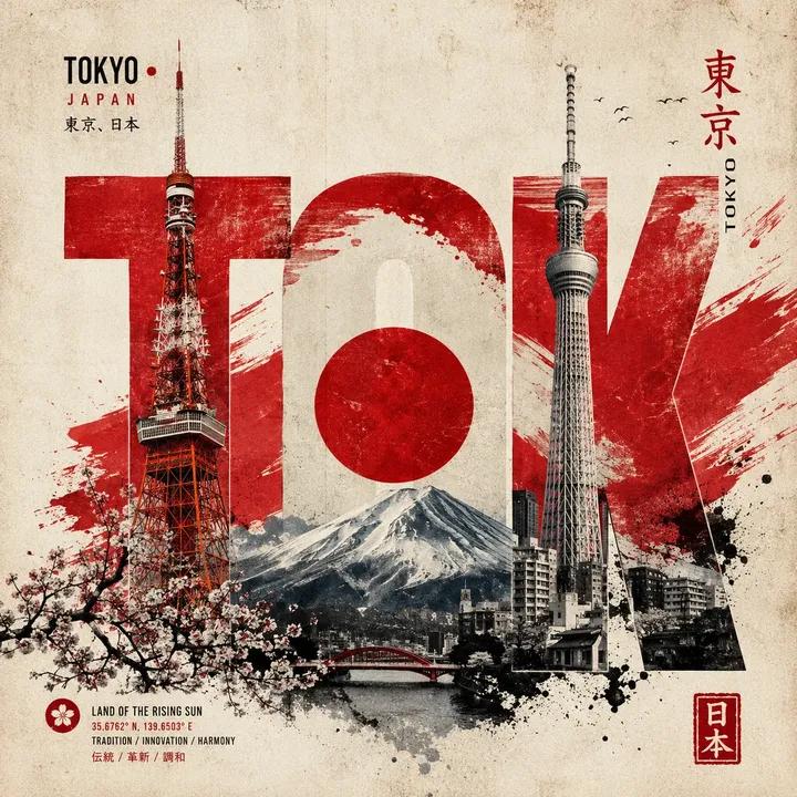 Tokyo Landmarks in Red Letters Travel Poster — AI result, variation 2 of 2