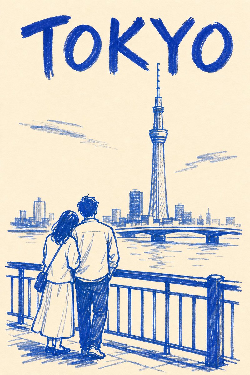 A quiet marker-pen poster of a couple at a Sumida River railing, with Tokyo Skytree rising in the distance. Thick cobalt contours and warm ivory paper left…
