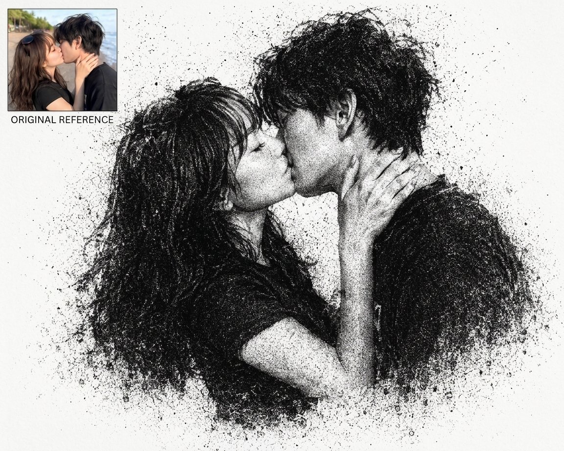 A photo dissolves into dense black toner particles on a field of white paper, with faces reduced to silhouettes and large areas fading into empty space. It…