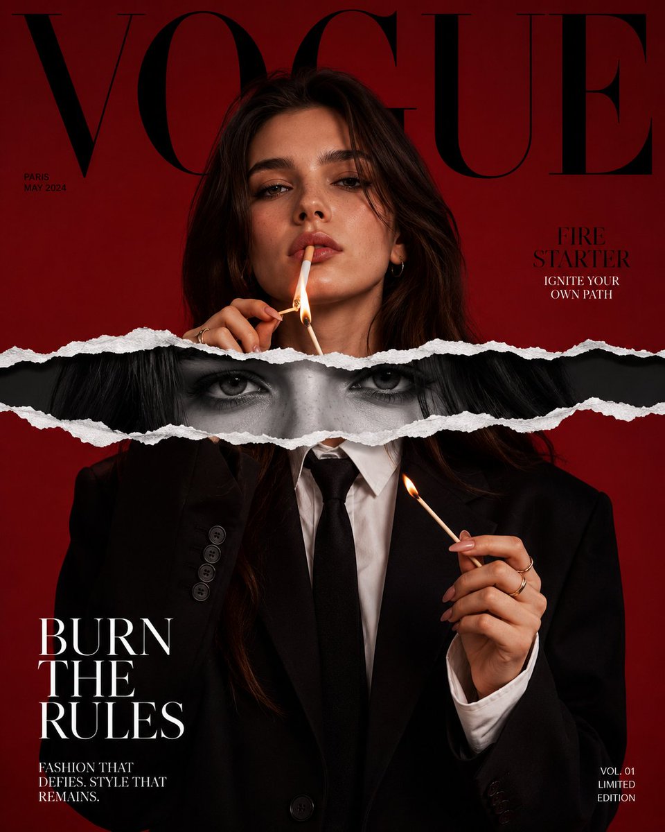 A deep red studio portrait of a woman in a black blazer and necktie, with a torn paper layer revealing a black and white copy of her face behind it. The…