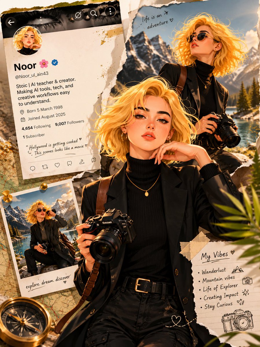 A scrapbook-style poster where torn paper edges reveal alpine peaks and lakes around a fashion-forward traveler. Polaroids, handwritten notes and a social…