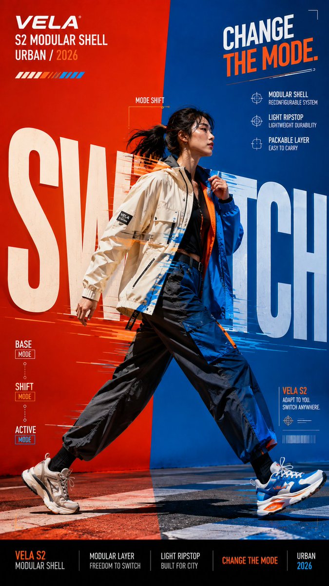 A tall editorial poster where oversized letters split the frame into Before, Transition and After stages. The same subject shifts in mode, temperature, energy…