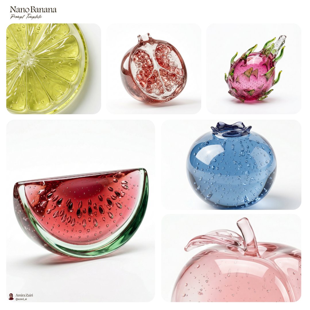 A single fruit sculpted from clear tinted glass, with tiny air bubbles suspended inside and sharp highlights along its polished curves. It sits alone on pure…